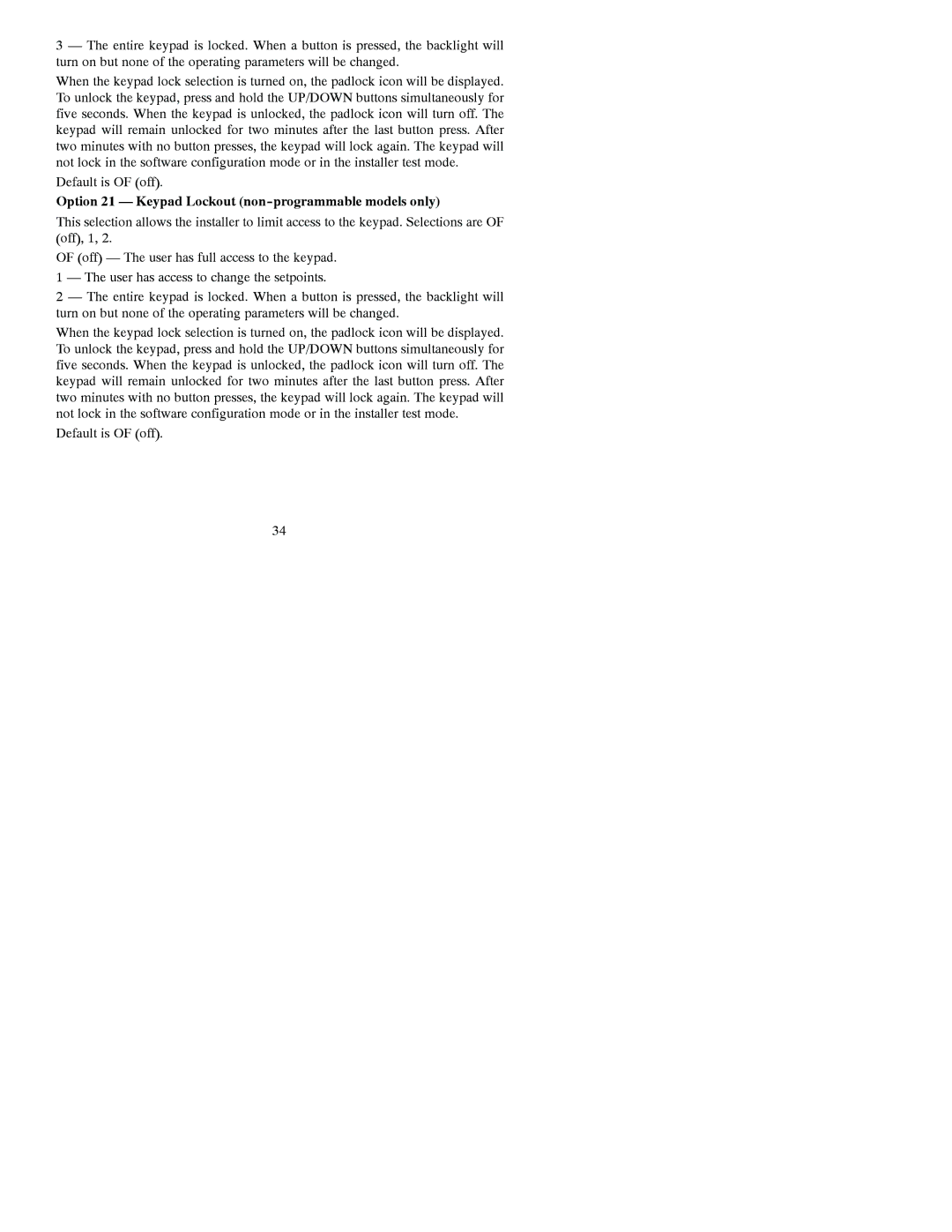 Bryant A07044, A07045 installation instructions Option 21 Keypad Lockout non-programmable models only 