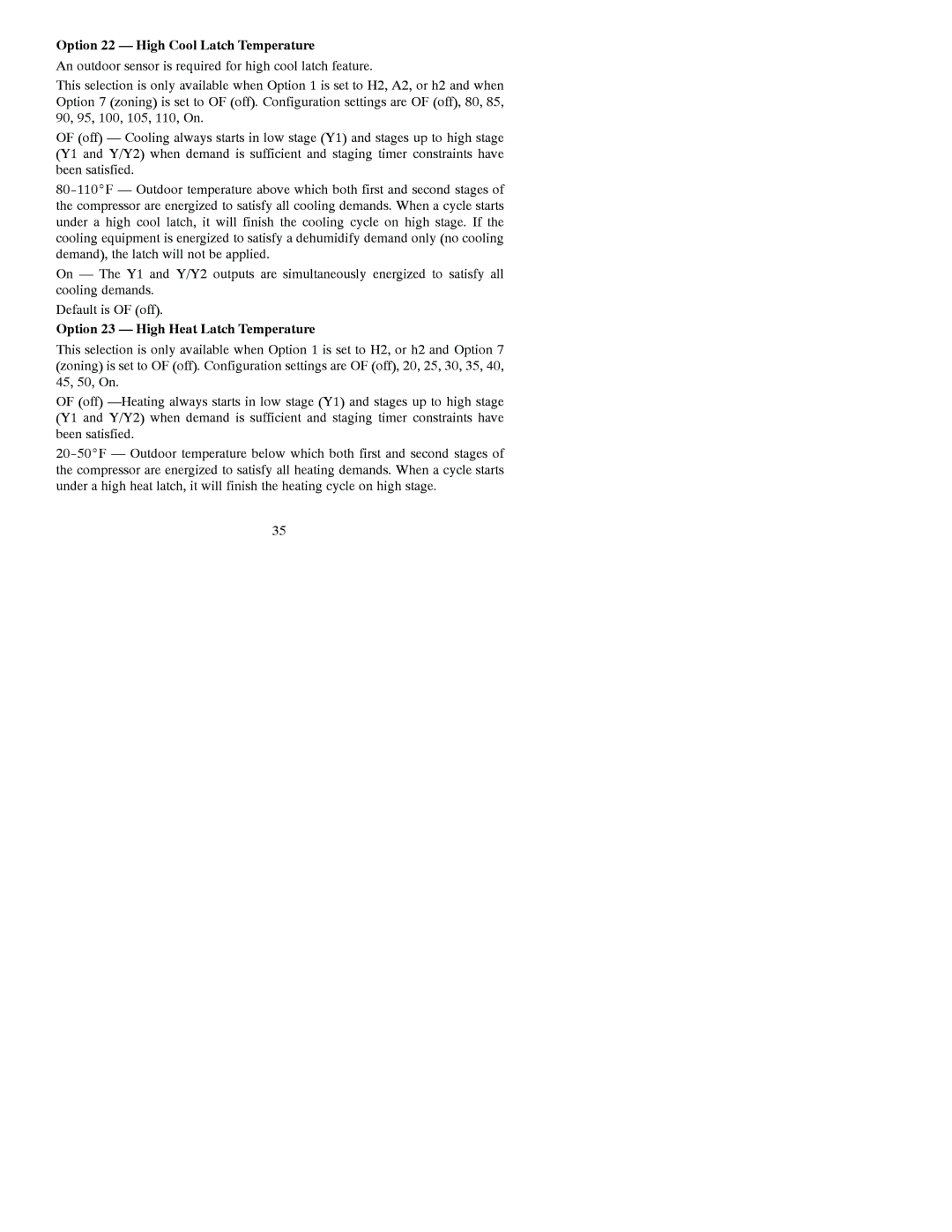 Bryant A07045, A07044 installation instructions Option 22 High Cool Latch Temperature, Option 23 High Heat Latch Temperature 