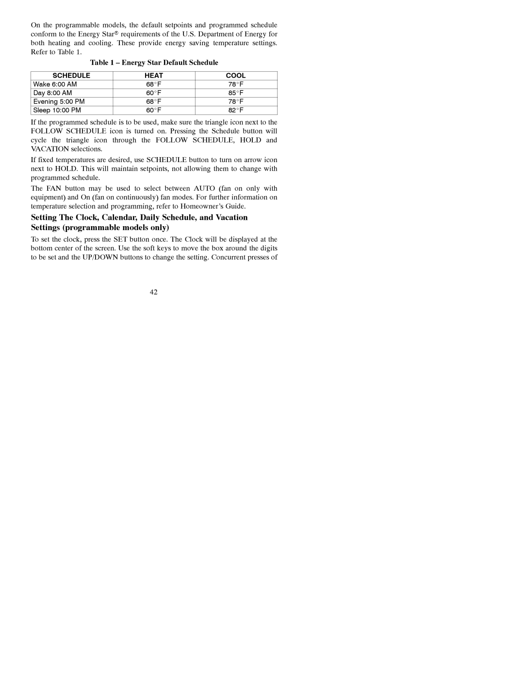 Bryant A07044, A07045 installation instructions Energy Star Default Schedule 