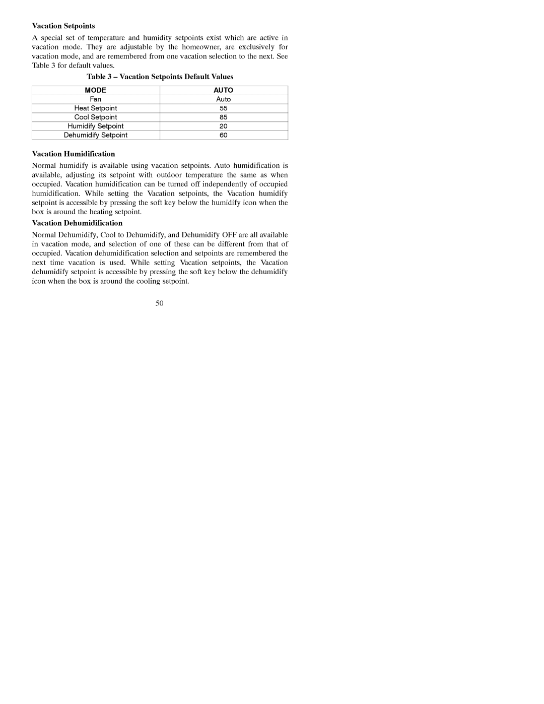 Bryant A07044, A07045 Vacation Setpoints Default Values, Vacation Humidification, Vacation Dehumidification 