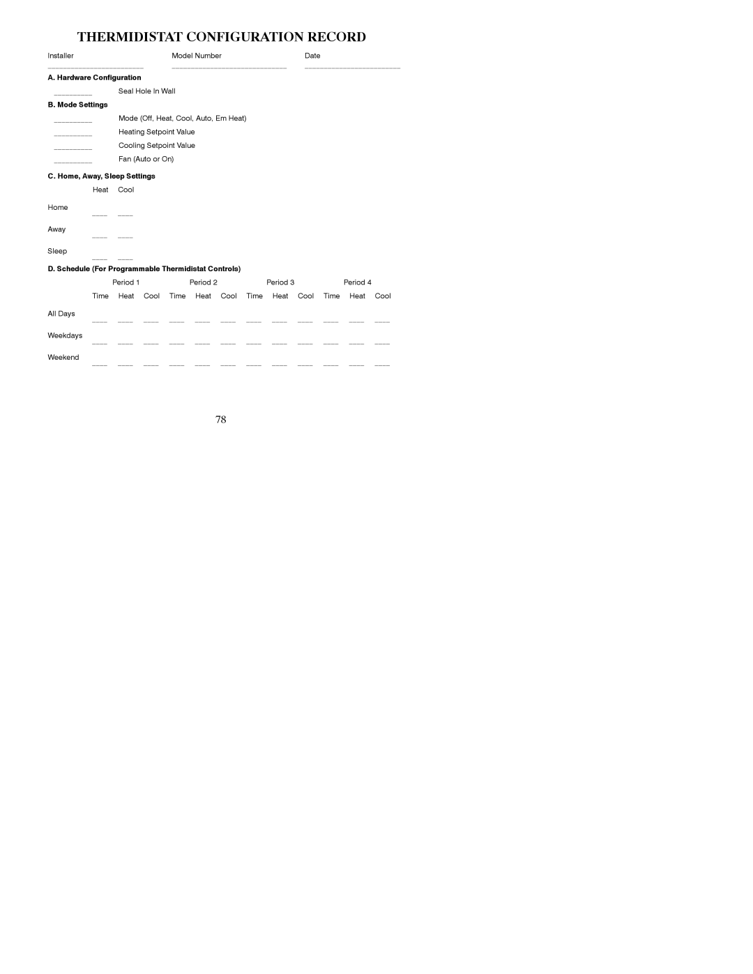 Bryant A07044, A07045 installation instructions Thermidistat Configuration Record, Mode Settings 