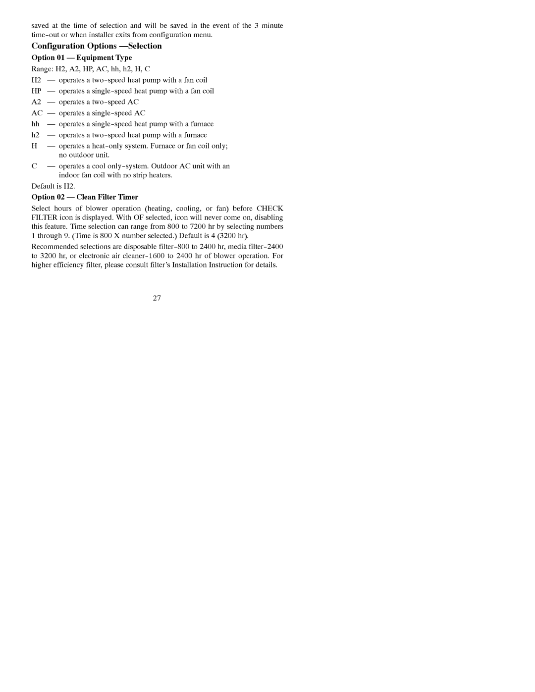 Bryant A07049, A07048 Configuration Options -Selection, Option 01 Equipment Type, Option 02 Clean Filter Timer 