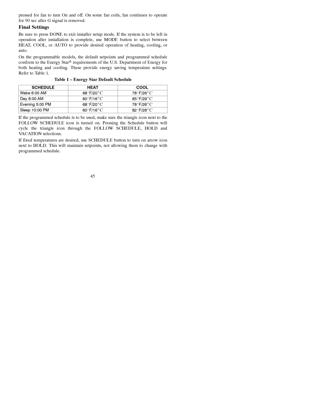 Bryant A07049, A07048 installation instructions Final Settings, Energy Star Default Schedule 