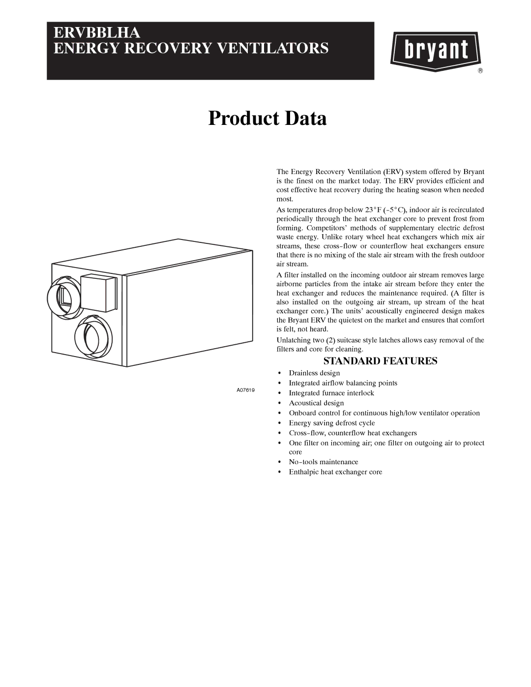 Bryant A07619 manual Product Data, Standard Features 