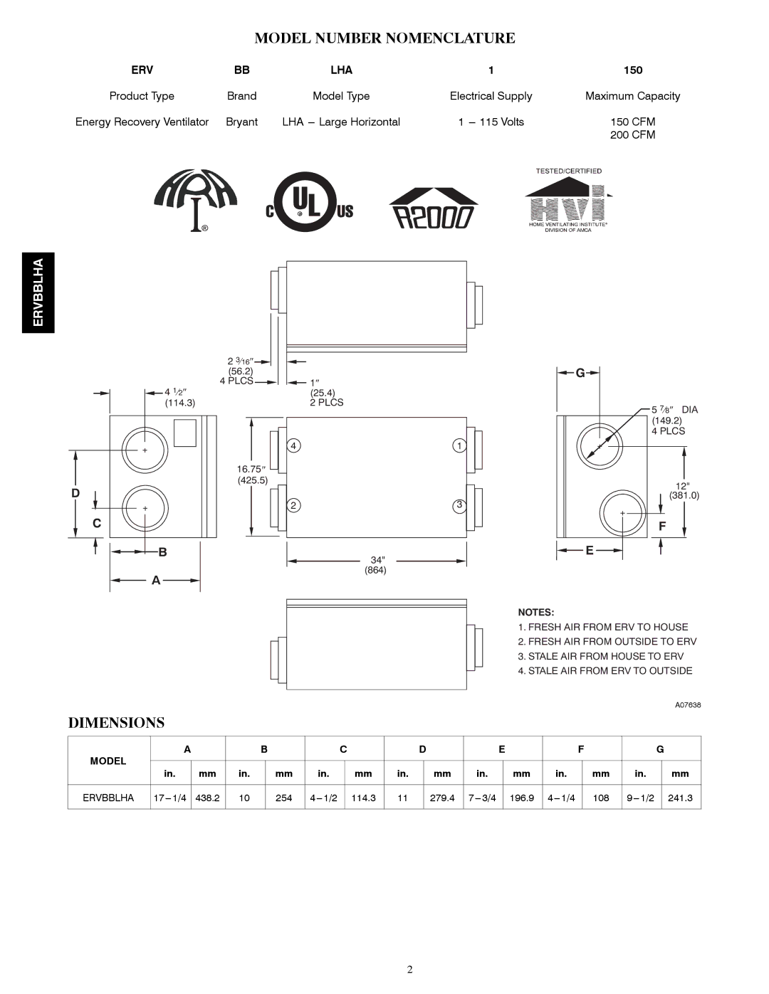 Bryant A07619 manual Model Number Nomenclature, Dimensions, 150, 438.2 254 114.3 279.4 196.9 108 241.3 