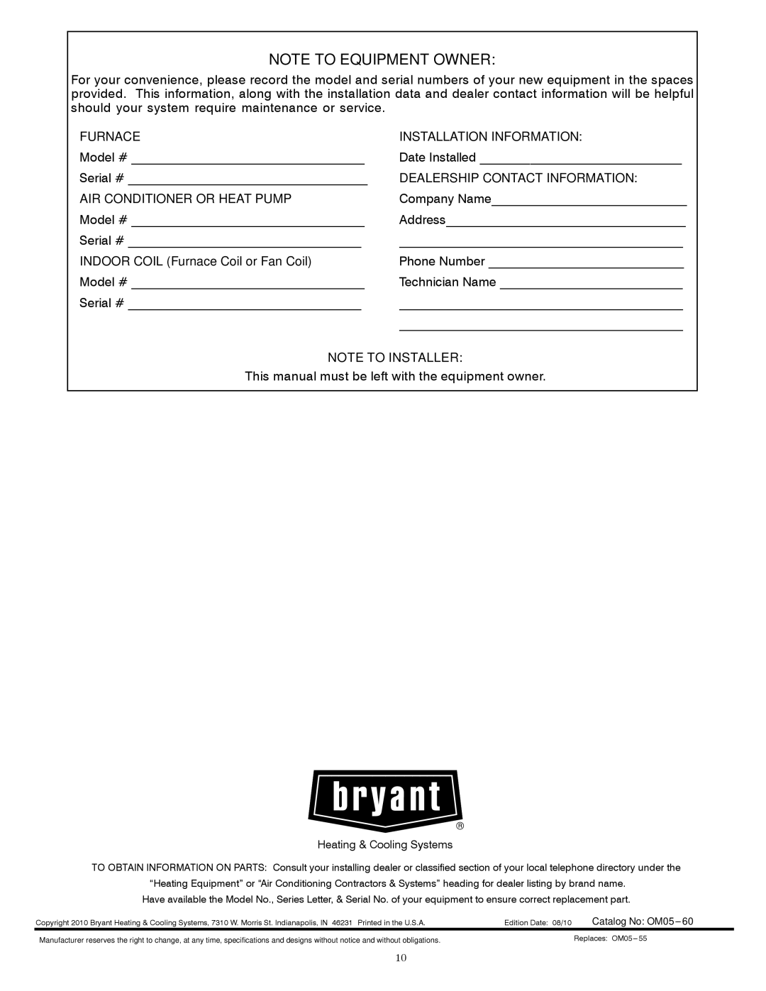 Bryant A10252 owner manual Furnace Installation Information 