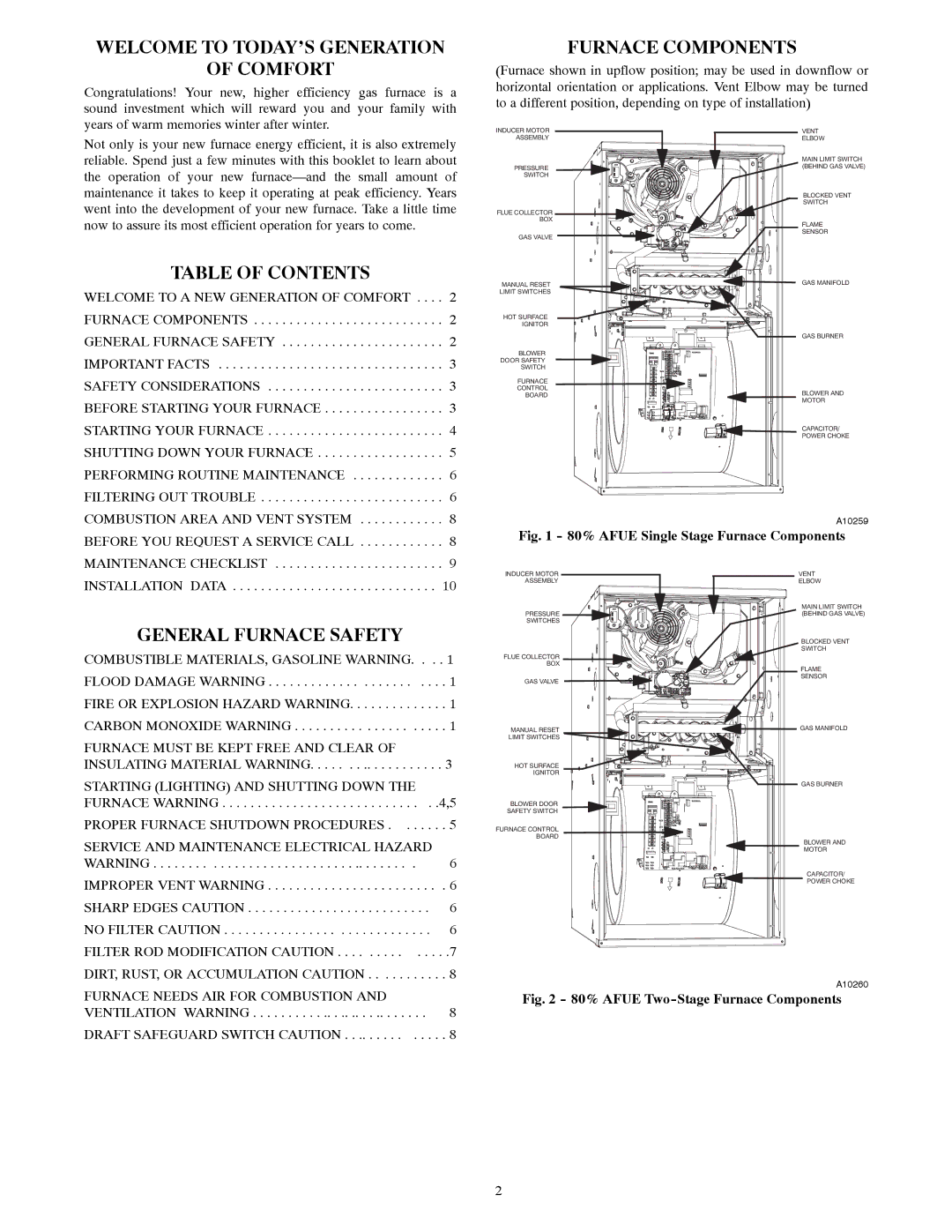 Bryant A10252 Welcome to TODAY’S Generation Comfort, Furnace Components, Table of Contents, General Furnace Safety 