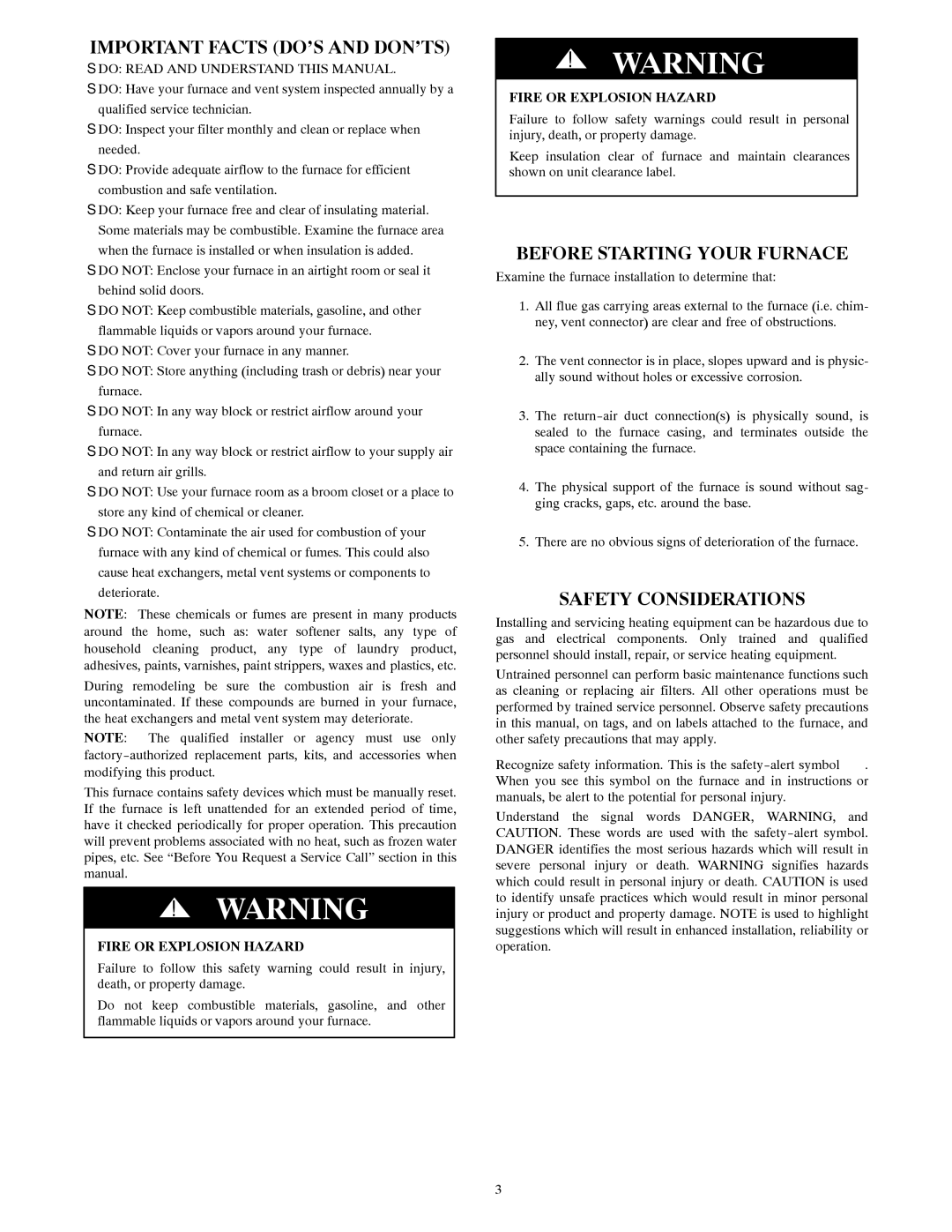 Bryant A10252 owner manual Important Facts DO’S and DON’TS, Before Starting Your Furnace, Safety Considerations 