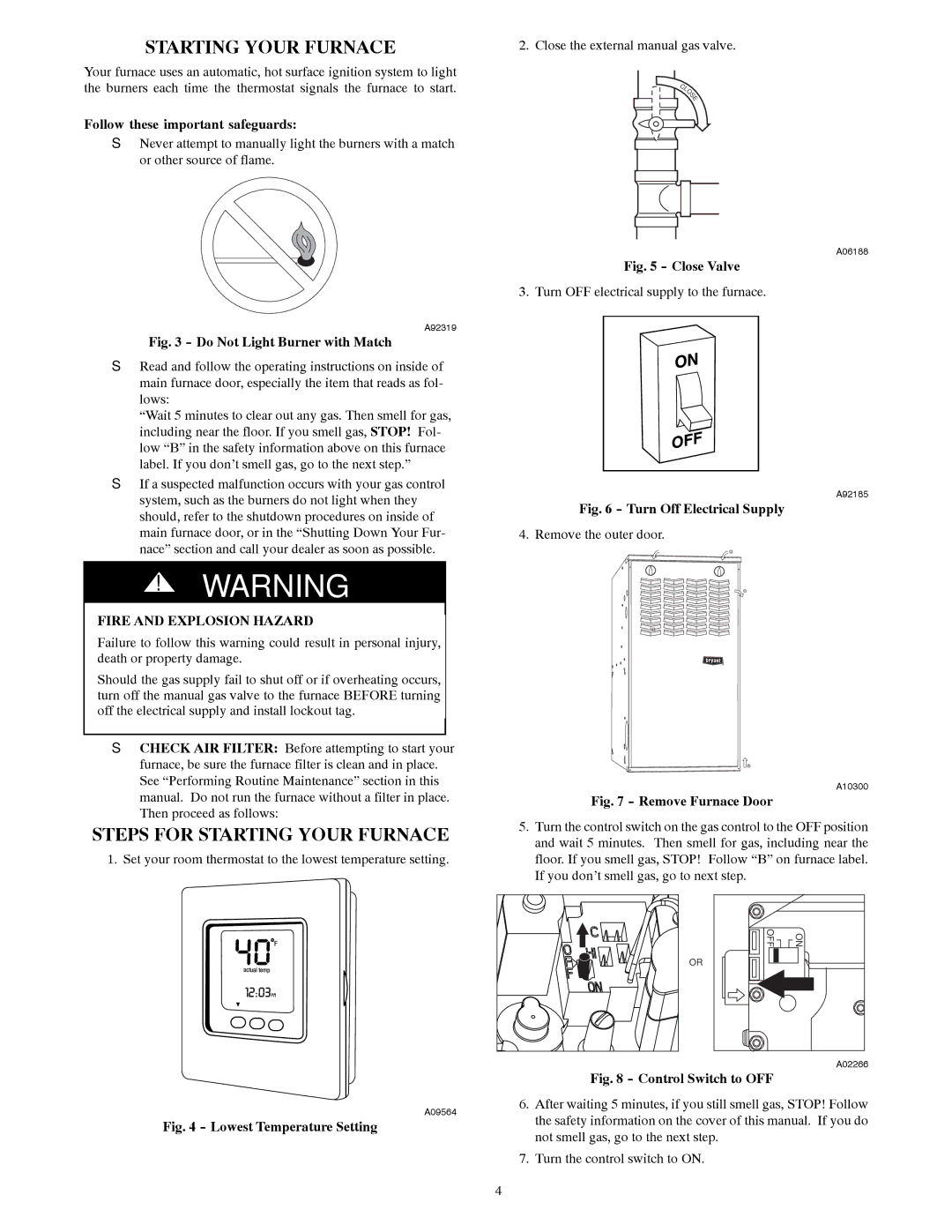 Bryant A10252 owner manual Steps for Starting Your Furnace, Fire and Explosion Hazard 