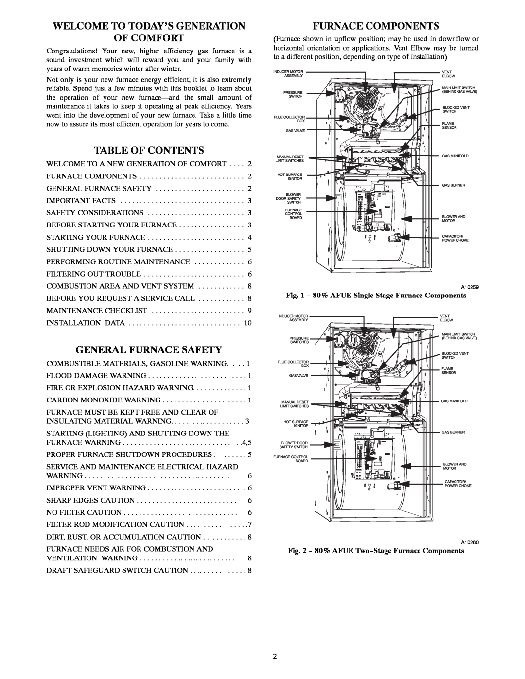 Bryant A10252 Welcome To Today’S Generation Of Comfort, Furnace Components, Table Of Contents, General Furnace Safety 