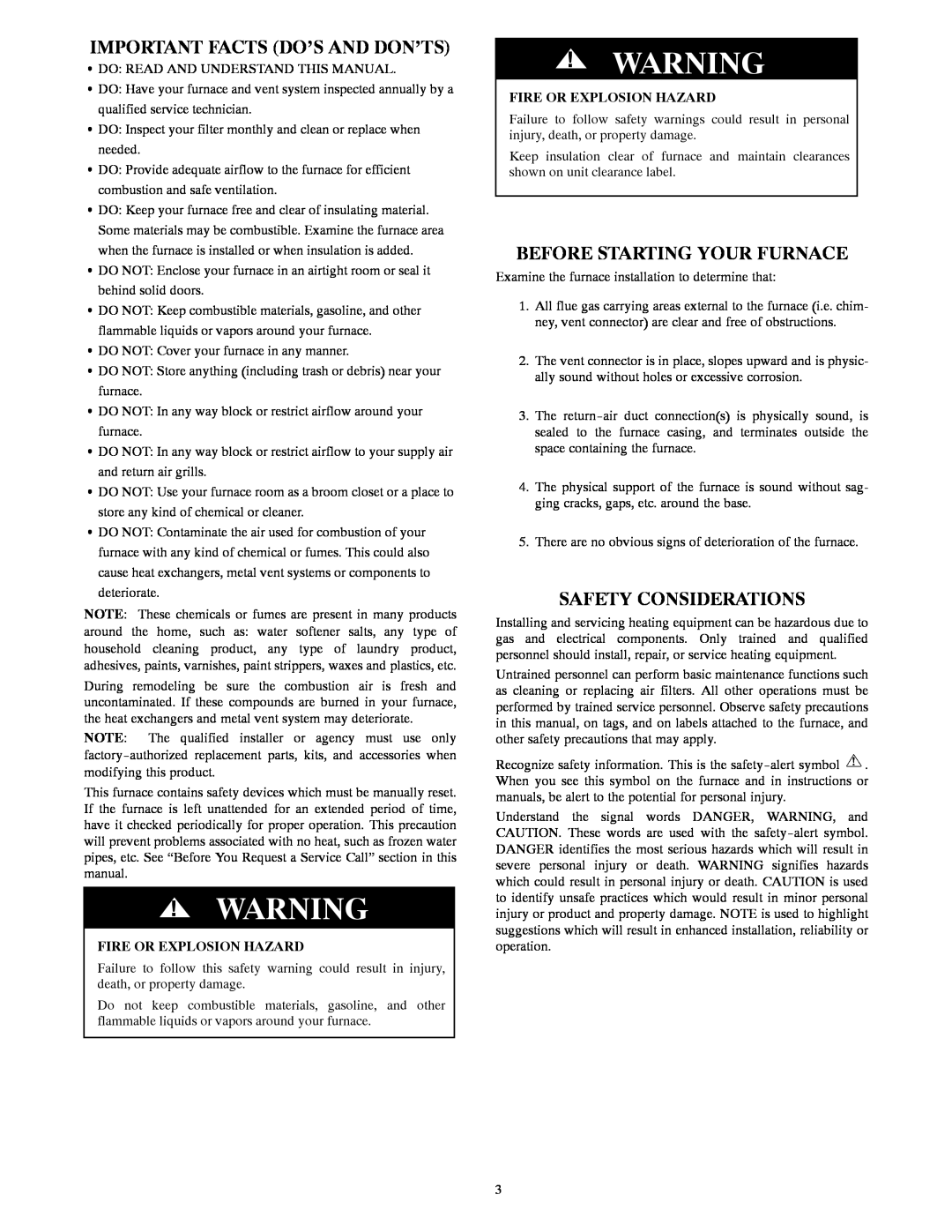 Bryant A10252 owner manual Important Facts Do’S And Don’Ts, Before Starting Your Furnace, Safety Considerations 