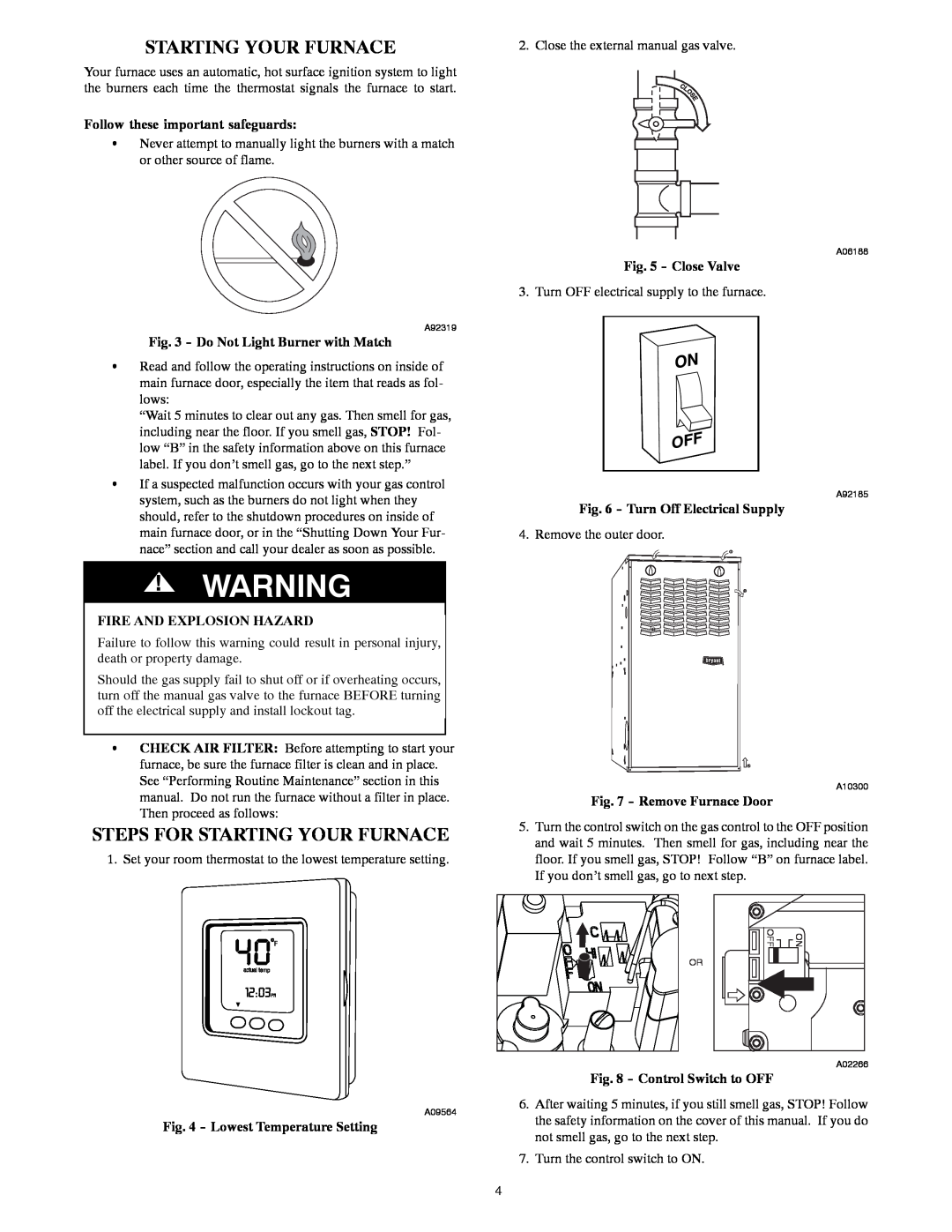 Bryant A10252 Steps For Starting Your Furnace, Follow these important safeguards, Do Not Light Burner with Match 