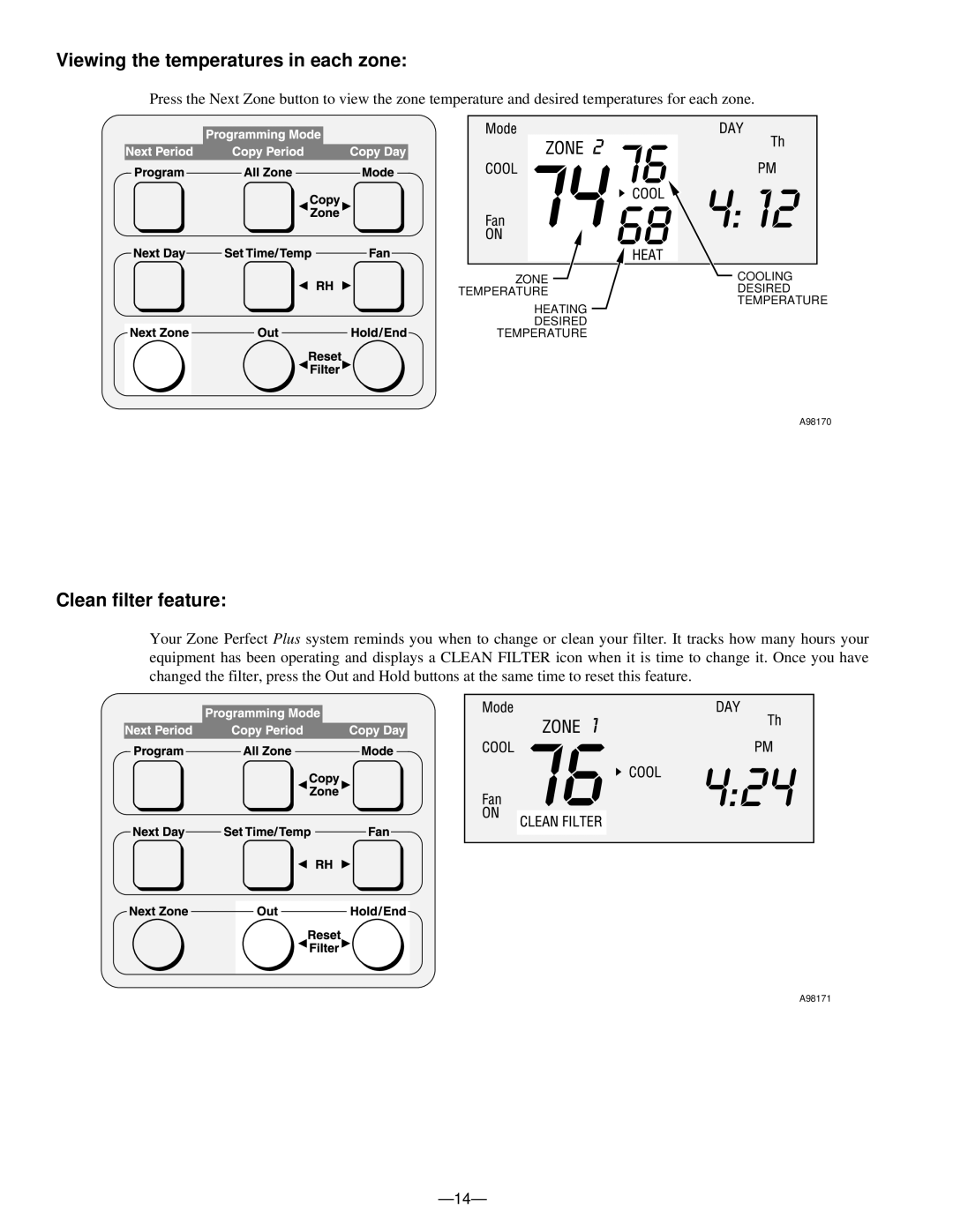 Bryant A96447 manual Viewing the temperatures in each zone, Clean filter feature 