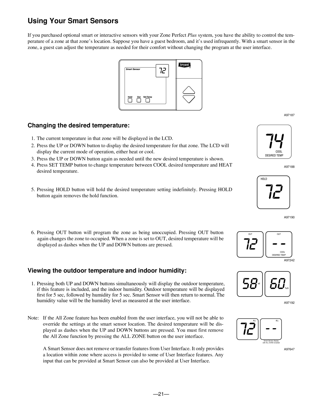 Bryant A96447 manual Using Your Smart Sensors, Changing the desired temperature 