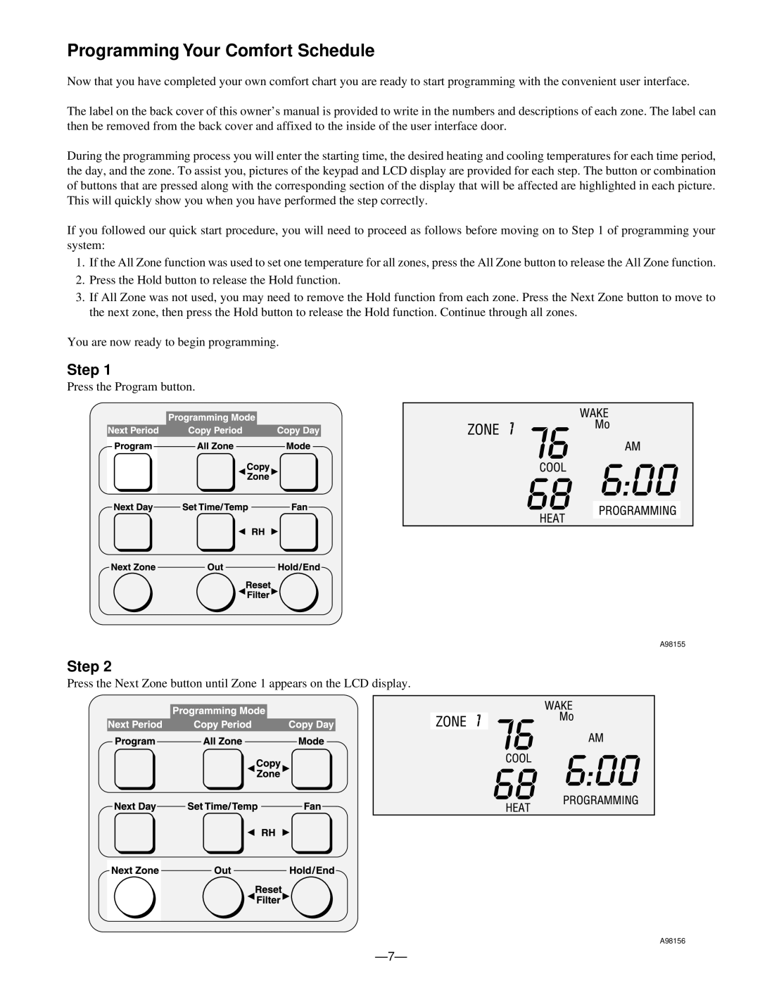 Bryant A96447 manual Programming Your Comfort Schedule, Step 