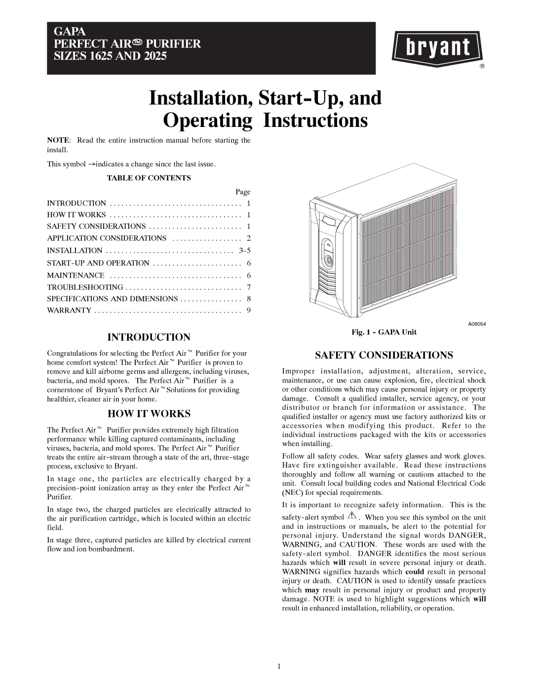 Bryant AIRT PURIFIER operating instructions Introduction, HOW IT Works, Safety Considerations, Table of Contents 