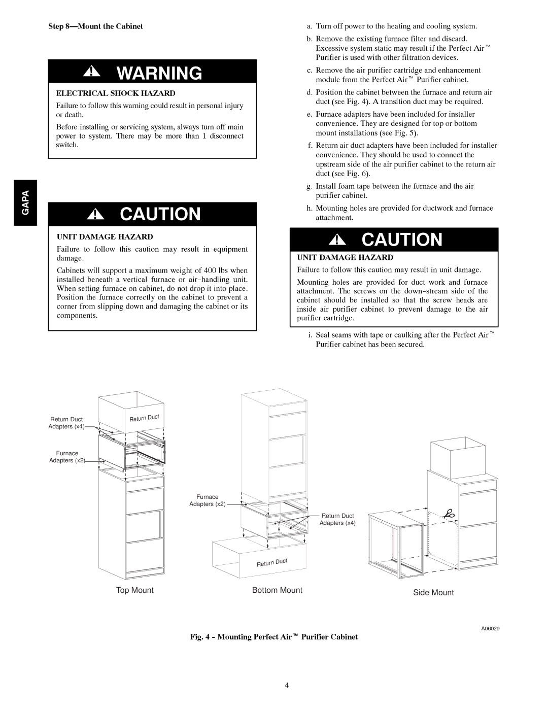 Bryant AIRT PURIFIER operating instructions Mount the Cabinet, Electrical Shock Hazard, Unit Damage Hazard 