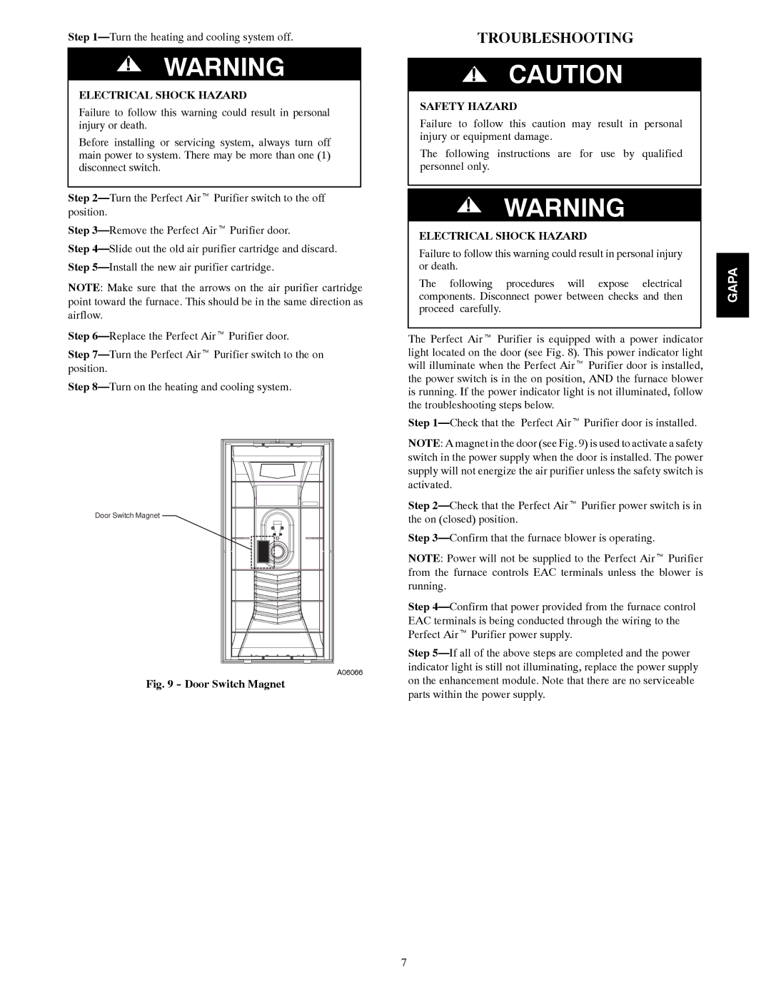 Bryant AIRT PURIFIER operating instructions Troubleshooting, Safety Hazard 