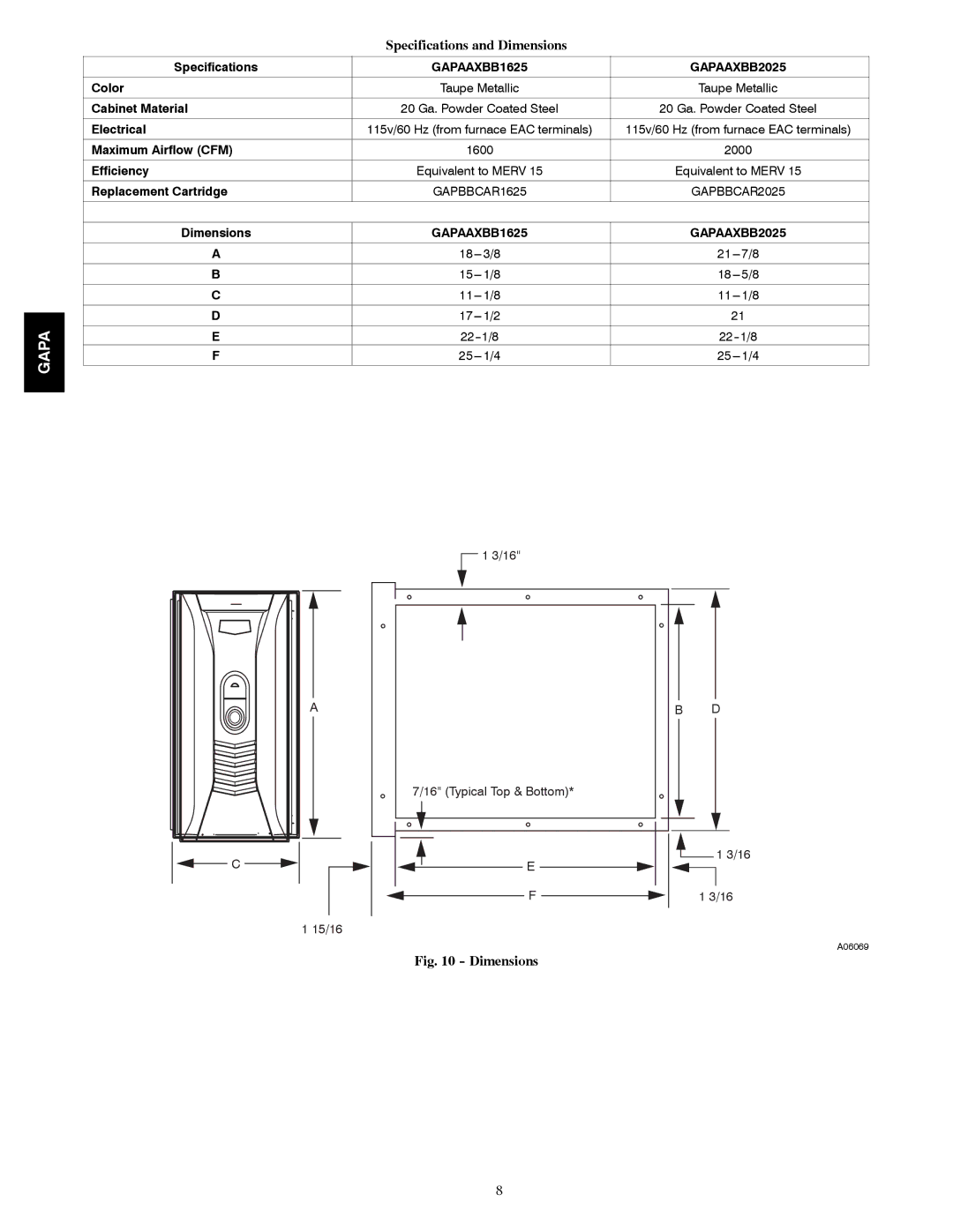 Bryant AIRT PURIFIER operating instructions Specifications and Dimensions 