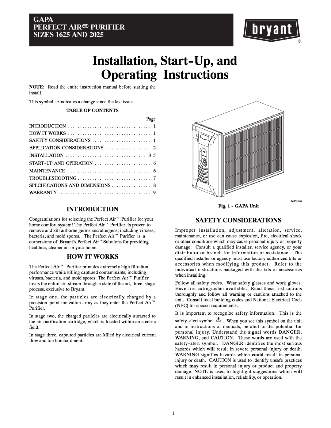 Bryant AIRT PURIFIER operating instructions Introduction, How It Works, Safety Considerations, Table Of Contents 