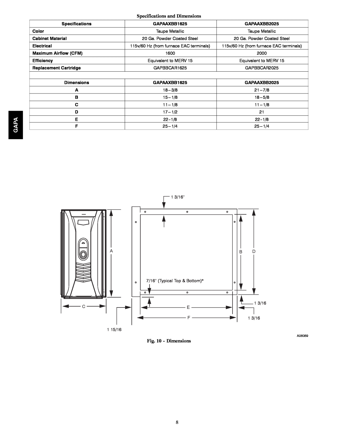 Bryant AIRT PURIFIER Specifications and Dimensions, Gapa, A 7/16 Typical Top & Bottom E F 1 15/16, 1 3/16 1 3/16 