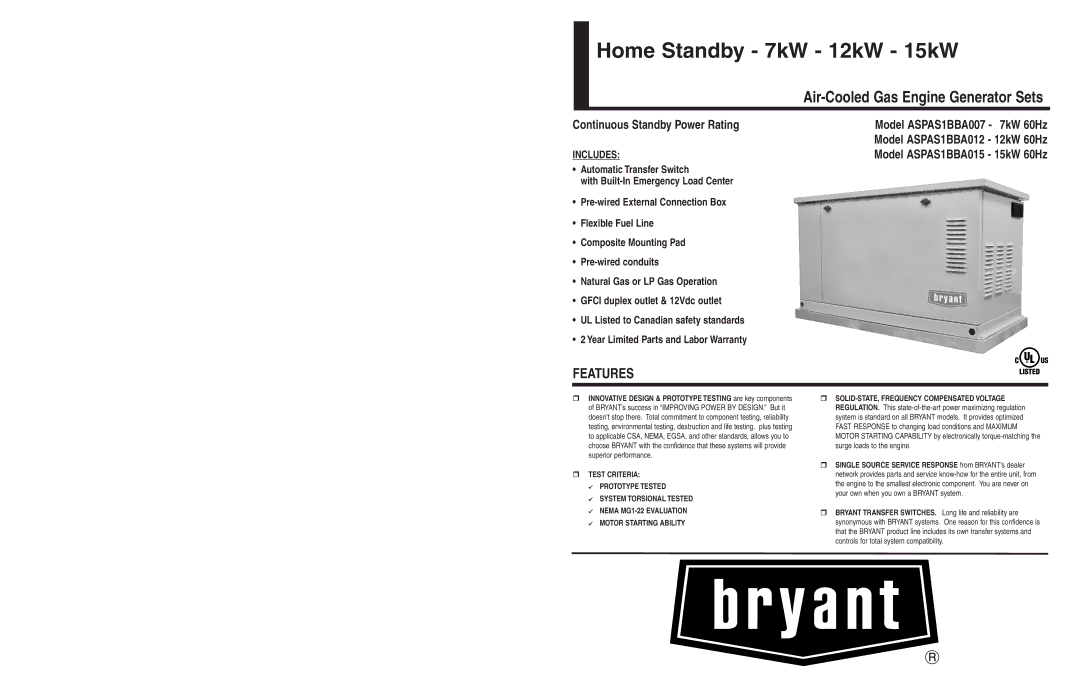 Bryant ASPAS1BBA007 ASPAS1BBA012 ASPAS1BBA015 warranty Model ASPAS1BBA015 15kW 60Hz 