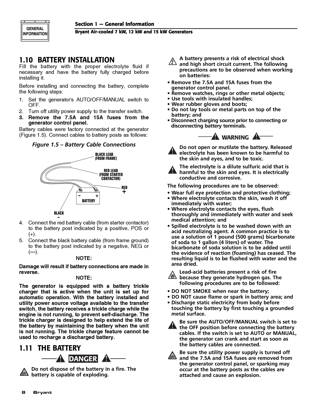 Bryant ASPAS1BBA015, ASPAS1BBA007, ASPAS1BBA012 Battery Installation, The Battery, 5 – Battery Cable Connections, Danger 