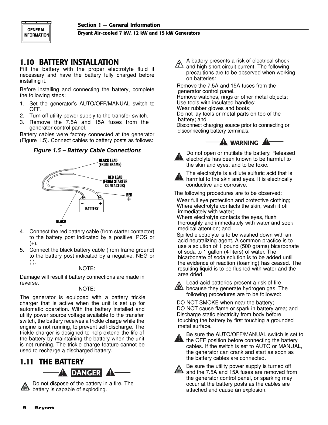 Bryant ASPAS1BBA015, ASPAS1BBA007, ASPAS1BBA012 owner manual Battery Installation 