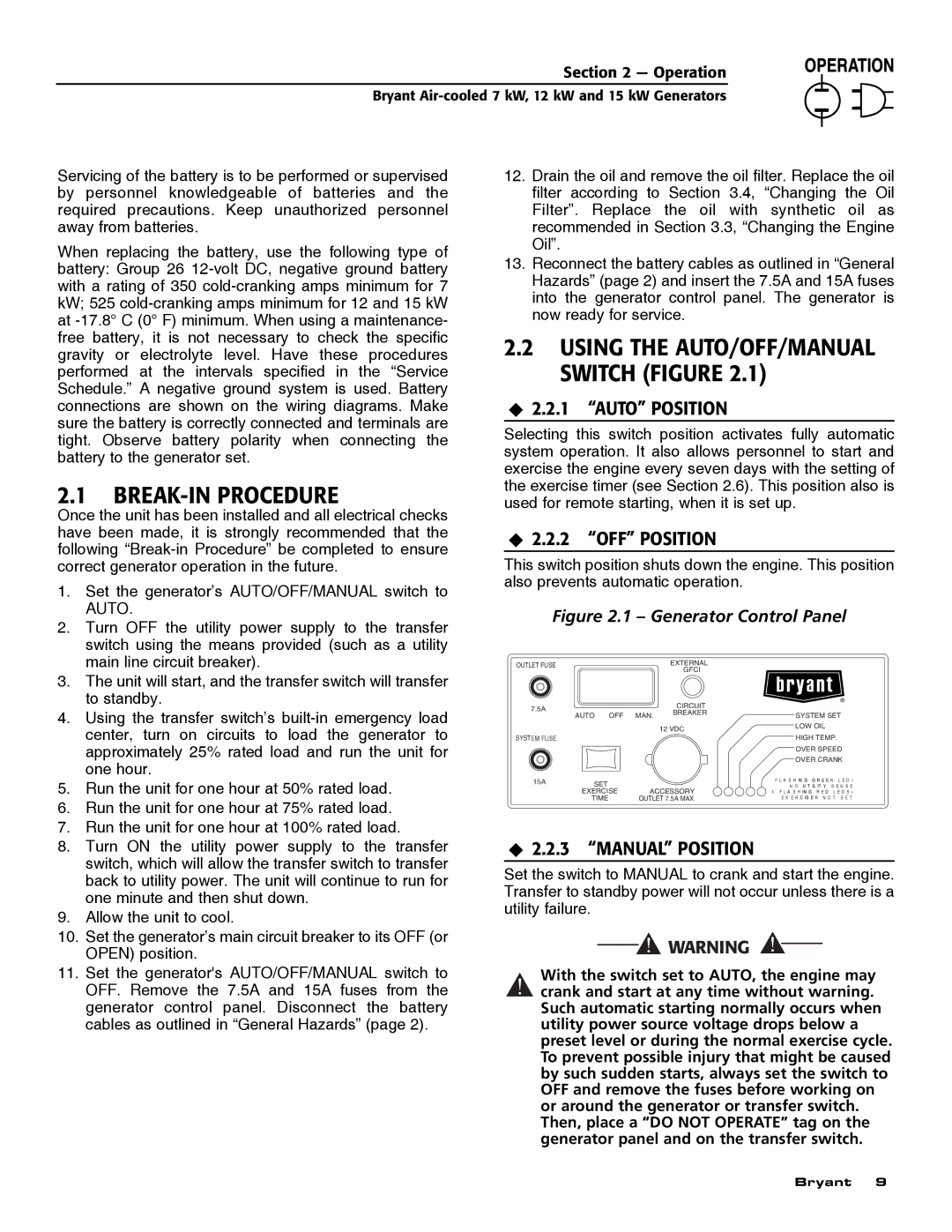 Bryant ASPAS1BBA012, ASPAS1BBA007 BREAK-IN Procedure, ‹ 2.2.1 Auto Position, ‹ 2.2.2 OFF Position, ‹ 2.2.3 Manual Position 