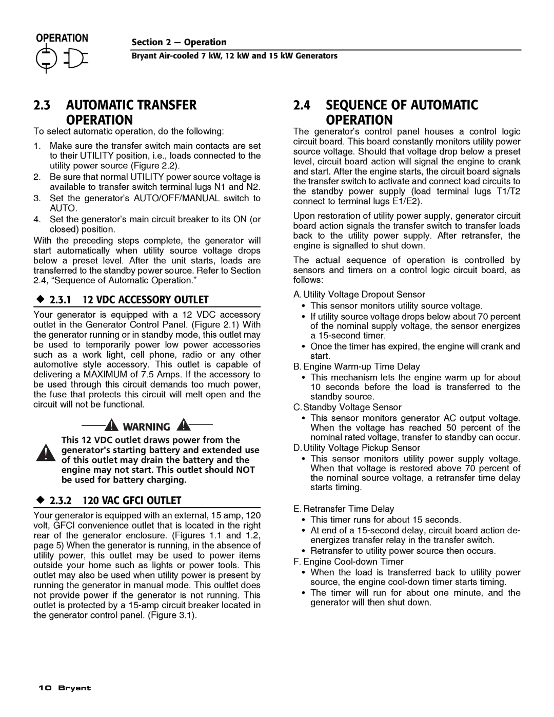 Bryant ASPAS1BBA007 Automatic Transfer Operation, Sequence of Automatic Operation, ‹ 2.3.1 12 VDC Accessory Outlet 