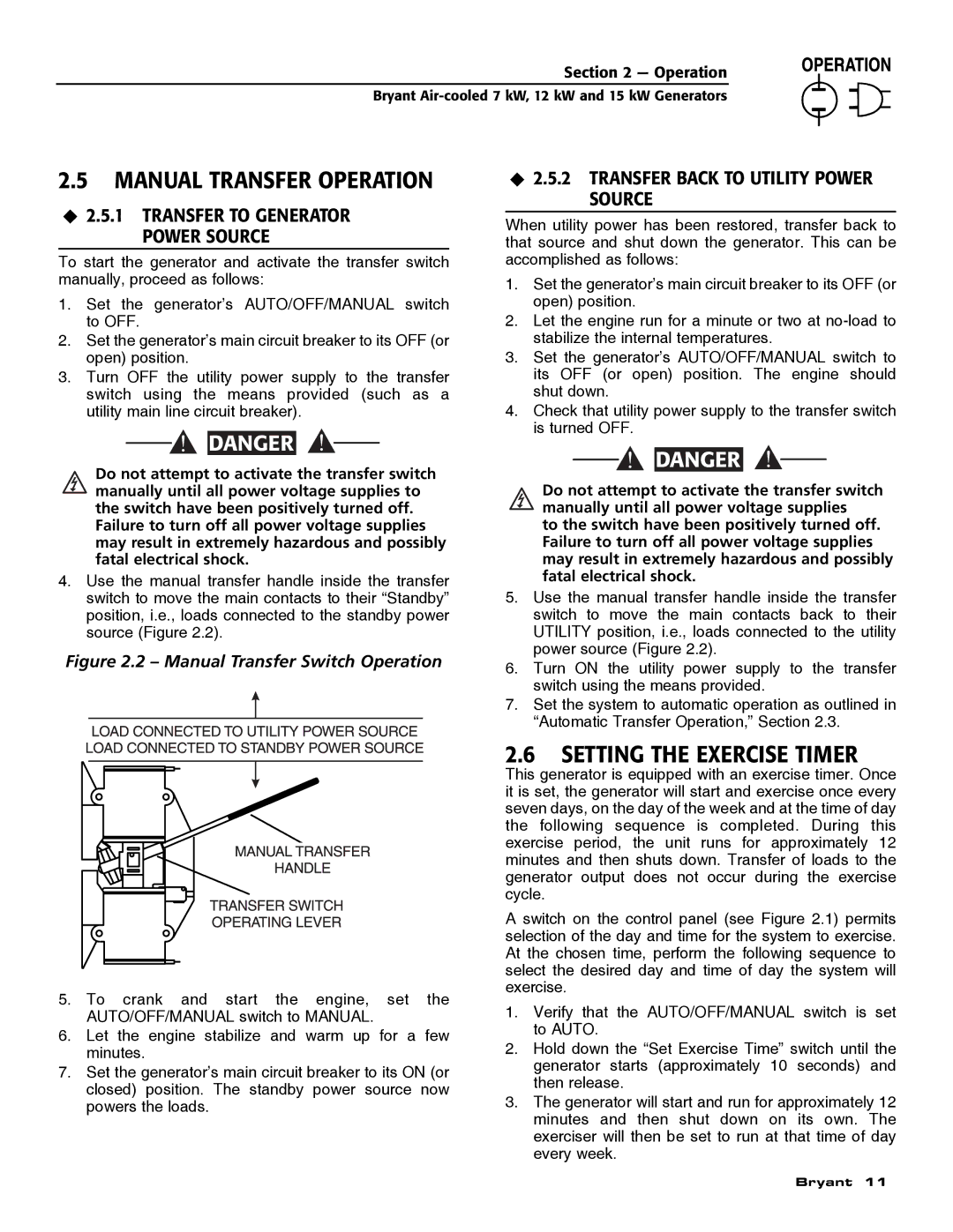 Bryant ASPAS1BBA015 Manual Transfer Operation, Setting the Exercise Timer, ‹ 2.5.2 Transfer Back to Utility Power Source 