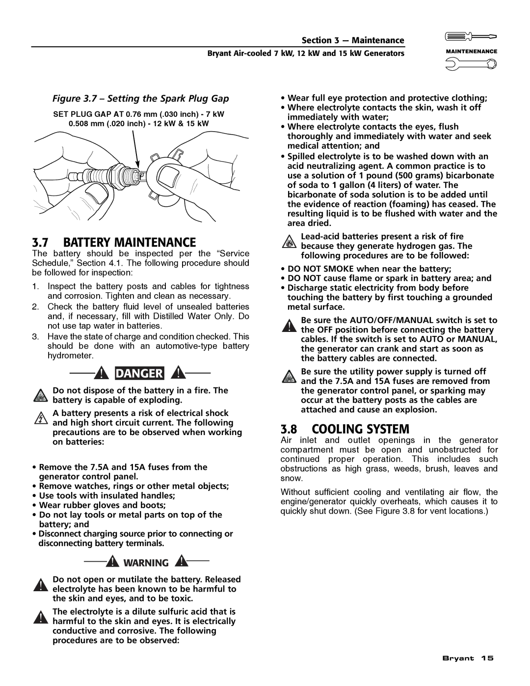 Bryant ASPAS1BBA012, ASPAS1BBA007, ASPAS1BBA015 owner manual Battery Maintenance, Cooling System 