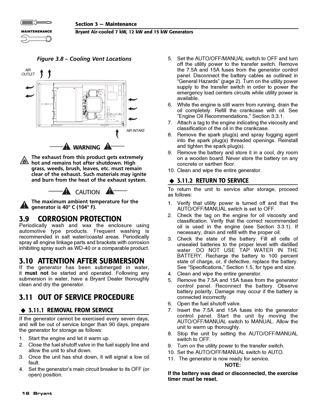 Bryant ASPAS1BBA007, ASPAS1BBA015 owner manual Corrosion Protection, OUT of Service Procedure, ‹ 3.11.1 Removal from Service 