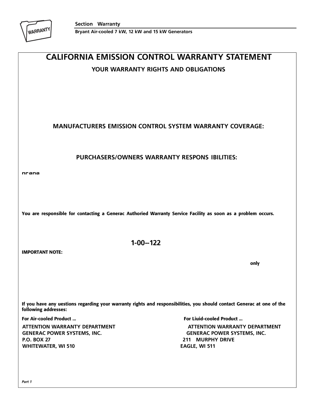 Bryant ASPAS1BBA015 Your Warranty Rights and Obligations, MANUFACTURER’S Emission Control System Warranty Coverage 