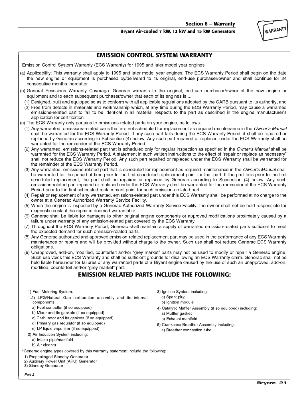 Bryant ASPAS1BBA012, ASPAS1BBA007 Emission Control System Warranty, Emission Related Parts Include the Following 