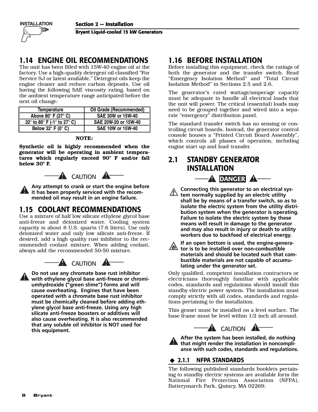 Bryant ASPAS1BBL015 Engine Oil Recommendations, Coolant Recommendations, Before Installation, ‹2.1.1 NFPA STANDARDS 