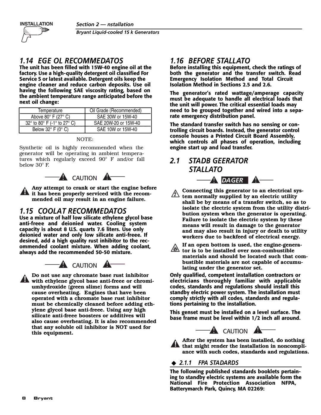 Bryant ASPAS1BBL015 Engine OIL Recommendations, Coolant Recommendations, Before Installation, ‹ 2.1.1 Nfpa Standards 