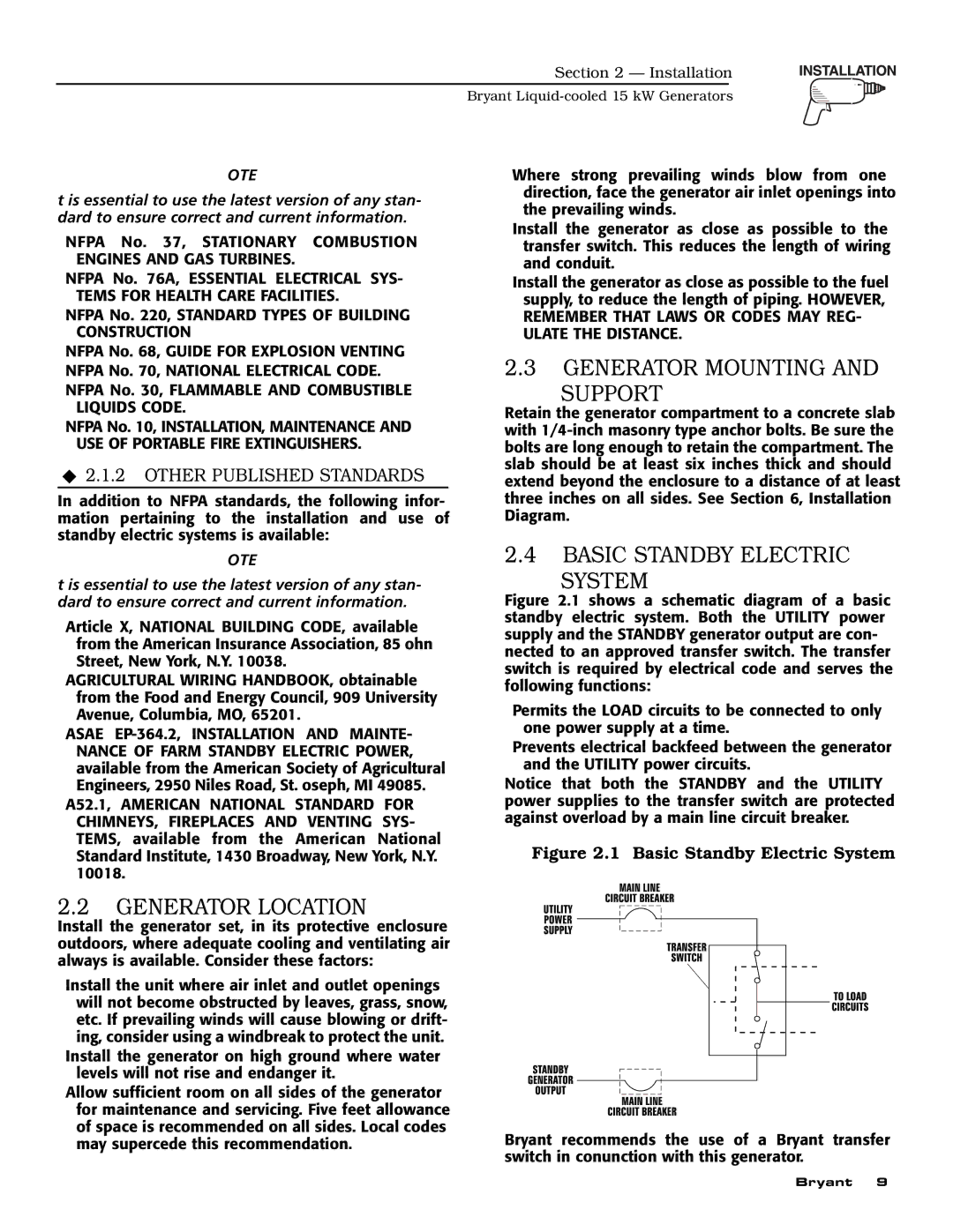 Bryant ASPAS1BBL015 owner manual Generator Mounting Support, Basic Standby Electric System, Generator Location 