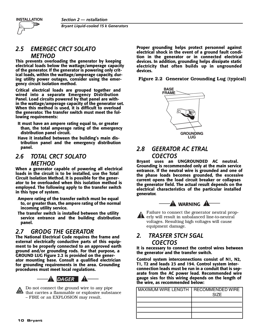 Bryant ASPAS1BBL015 Emergency Circuit Isolation Method, Total Circuit Isolation Method, Generator AC Neutral Connections 