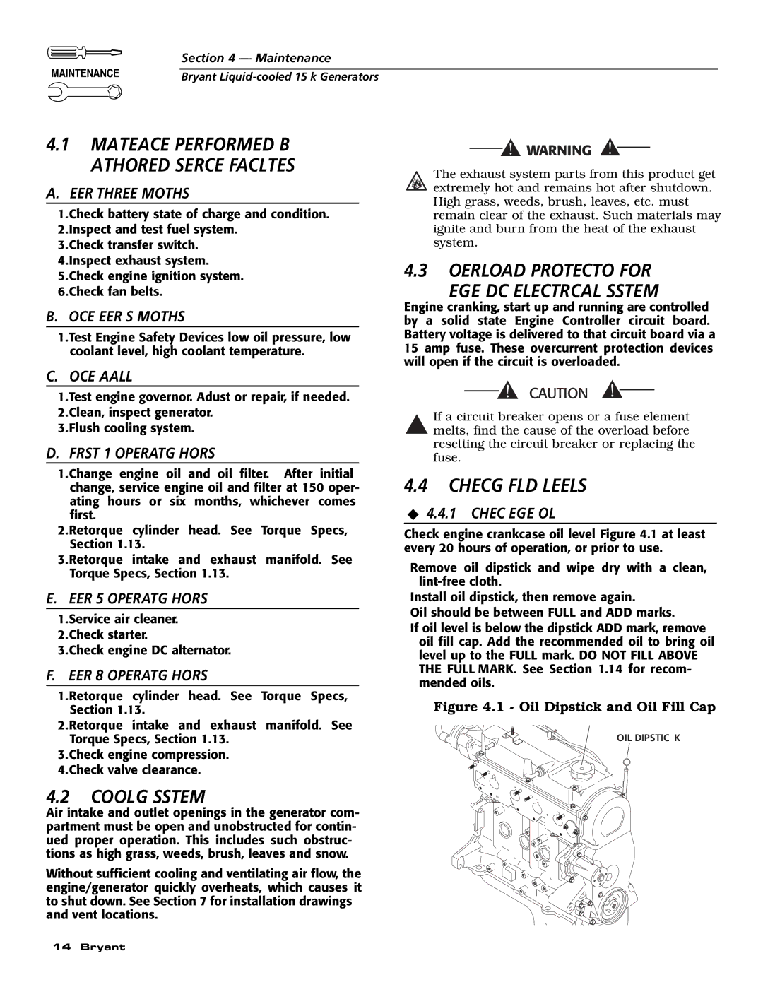 Bryant ASPAS1BBL015 owner manual Overload Protection for Engine DC Electrical System, Cooling System, Checking Fluid Levels 