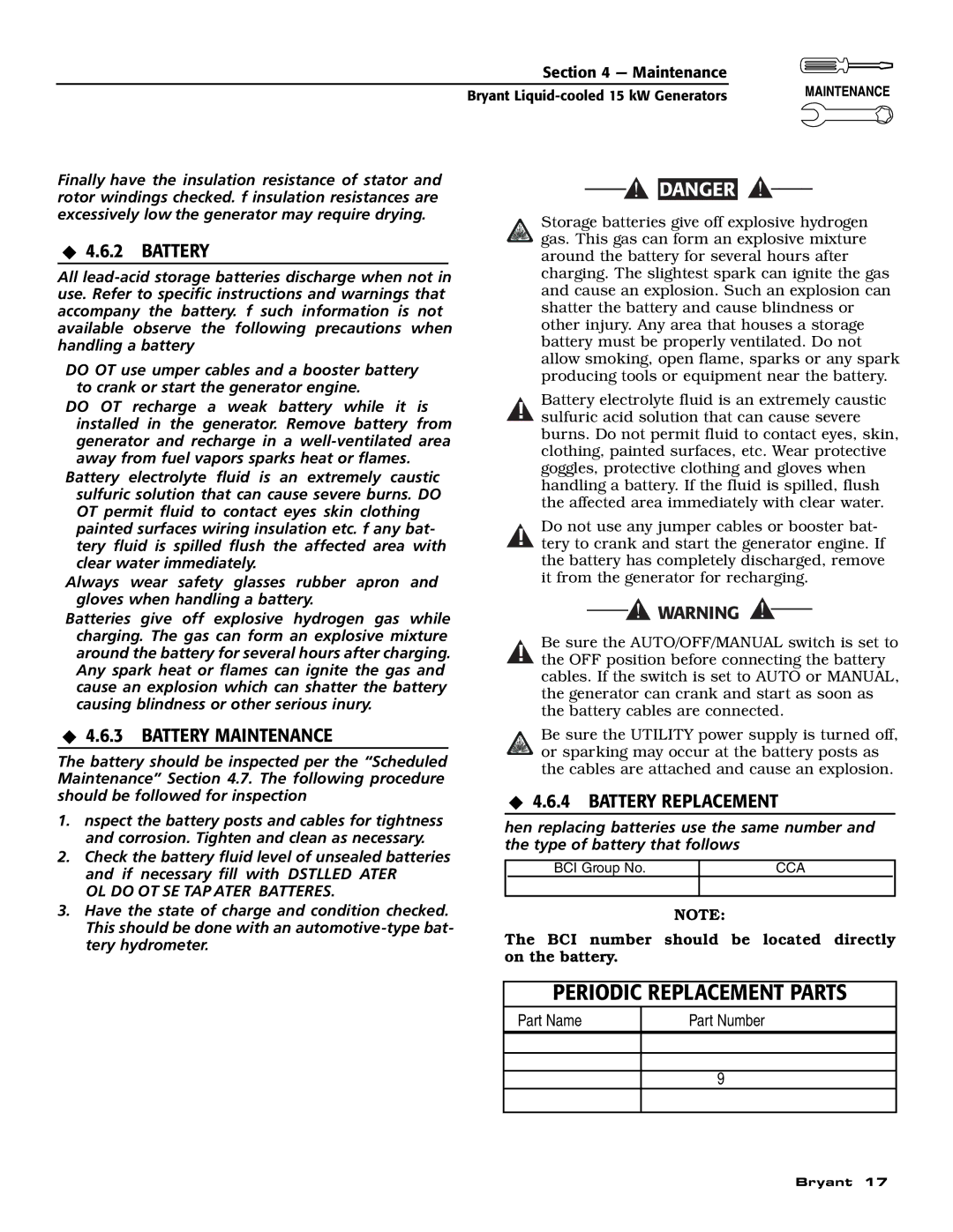 Bryant ASPAS1BBL015 owner manual ‹ 4.6.2 Battery, ‹ 4.6.3 Battery Maintenance, ‹ 4.6.4 Battery Replacement 