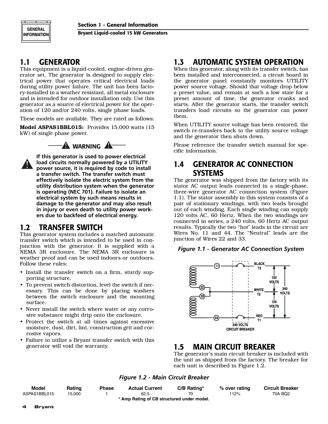 Bryant ASPAS1BBL015 Transfer Switch, Automatic System Operation, Generator AC Connection Systems, Main Circuit Breaker 