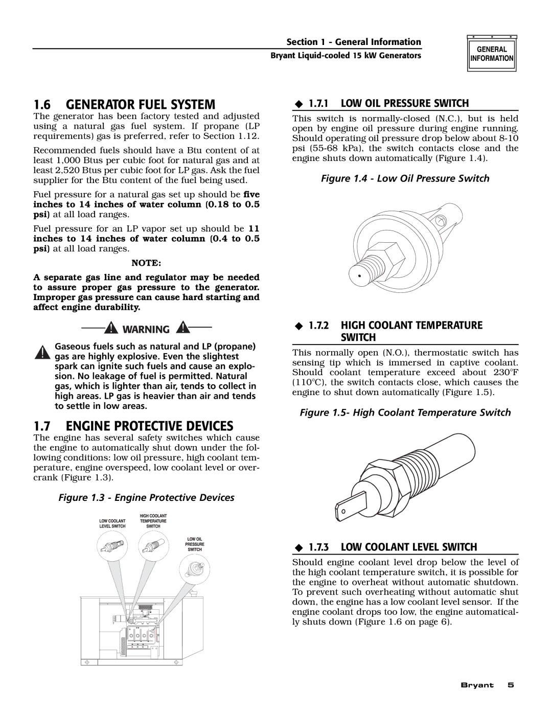 Bryant ASPAS1BBL015 owner manual Generator Fuel System, Engine Protective Devices, ‹ 1.7.1 LOW OIL Pressure Switch 