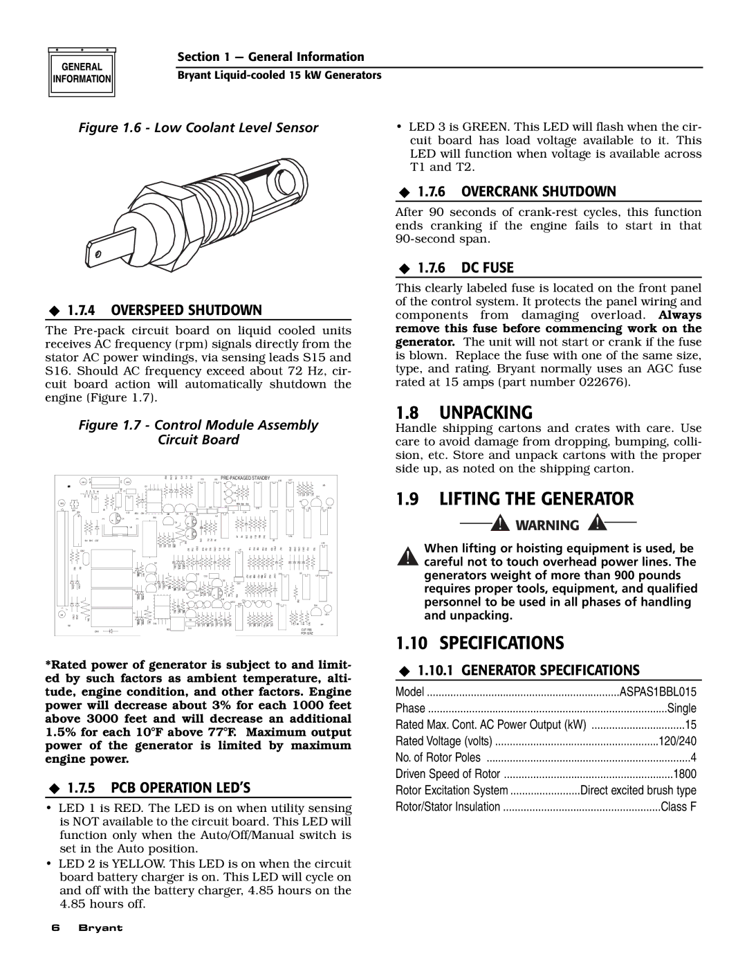 Bryant ASPAS1BBL015 owner manual Unpacking, Lifting the Generator, Specifications 