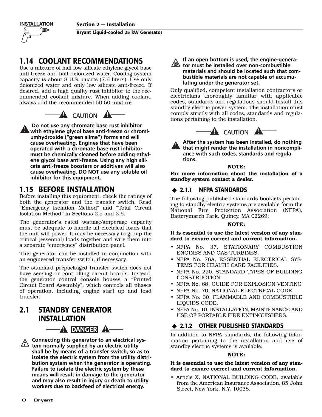 Bryant ASPAS1BBL025 owner manual Coolant Recommendations, Before Installation, ‹ 2.1.1 Nfpa Standards 