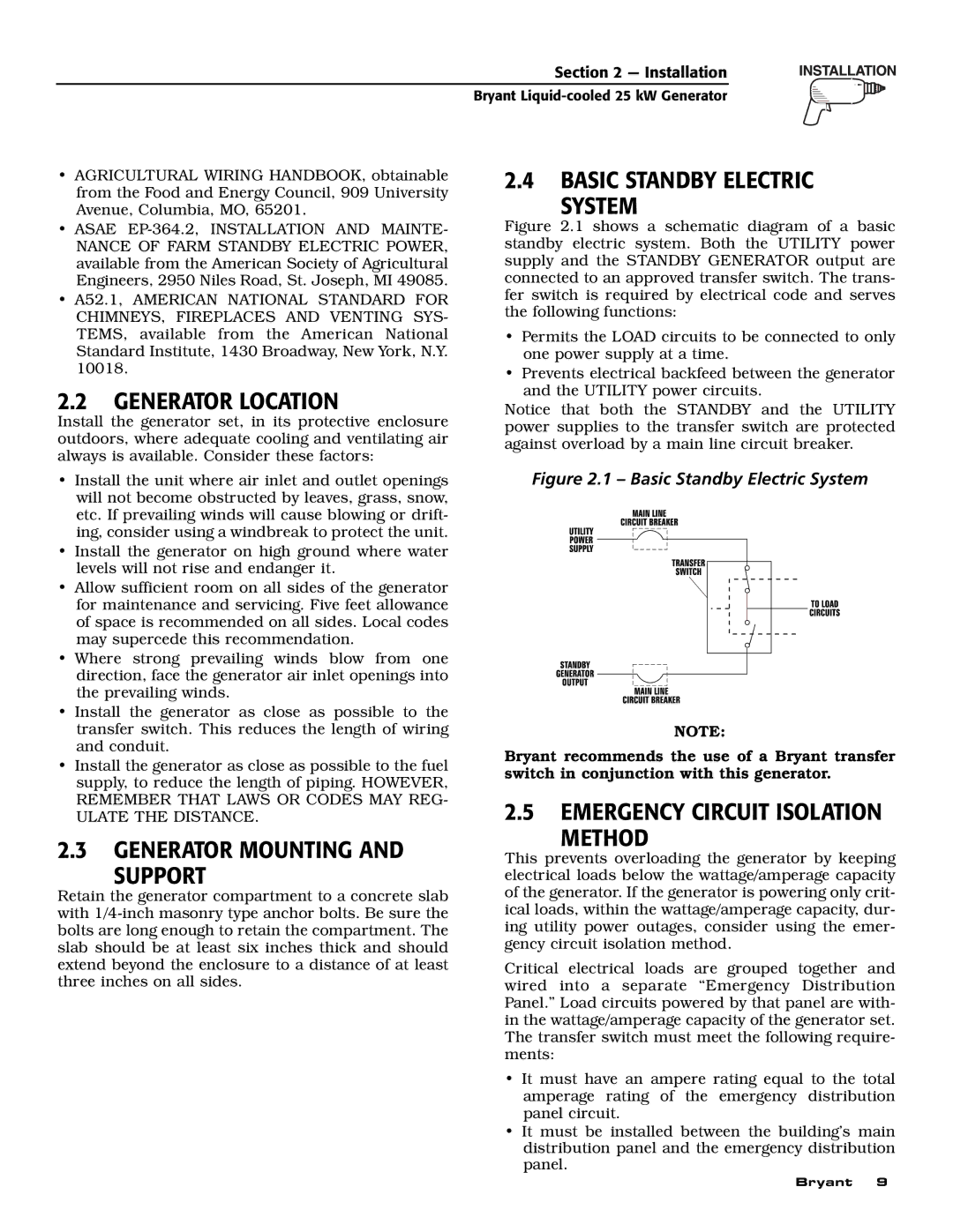 Bryant ASPAS1BBL025 owner manual Generator Location, Basic Standby Electric System, Generator Mounting Support 