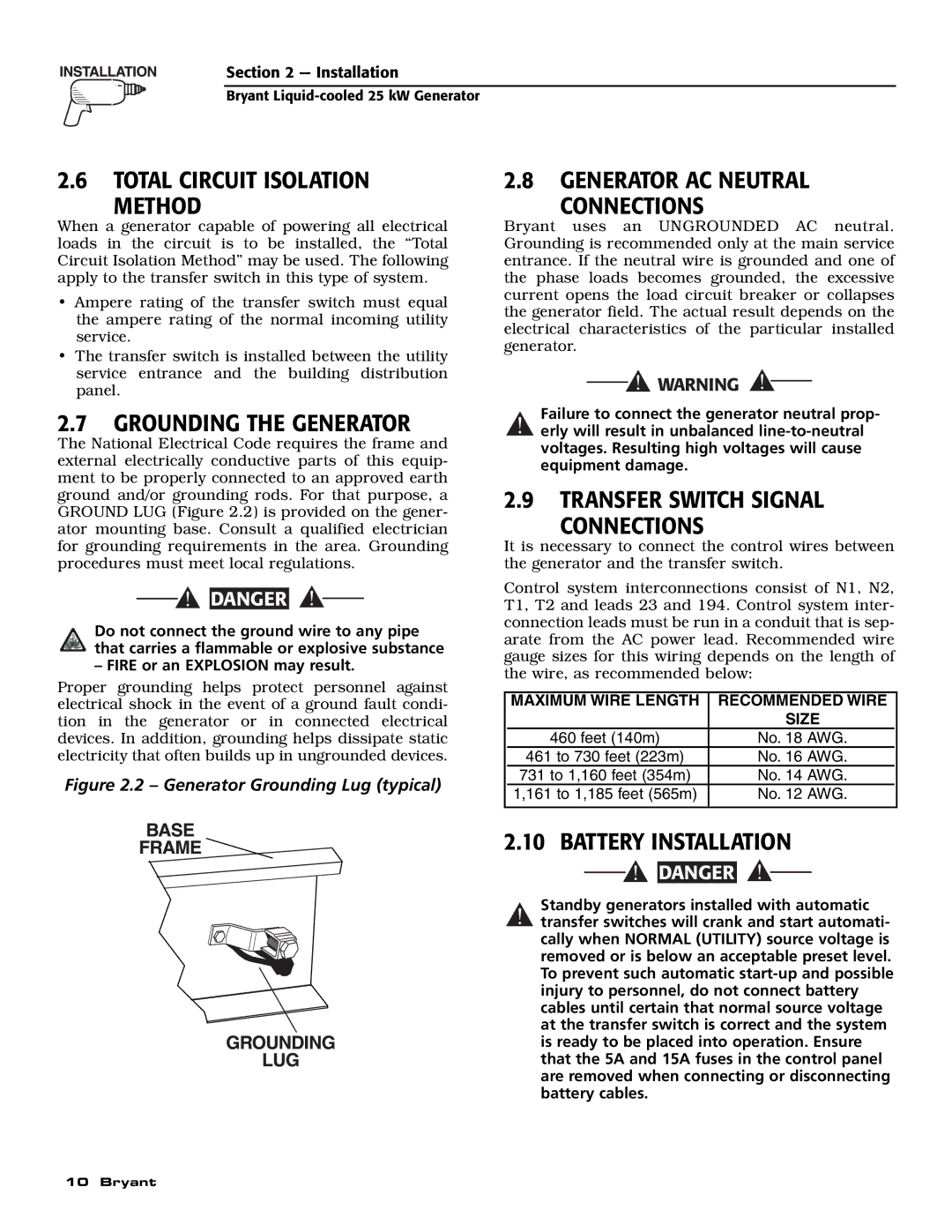 Bryant ASPAS1BBL025 owner manual Total Circuit Isolation Method, Grounding the Generator, Generator AC Neutral Connections 