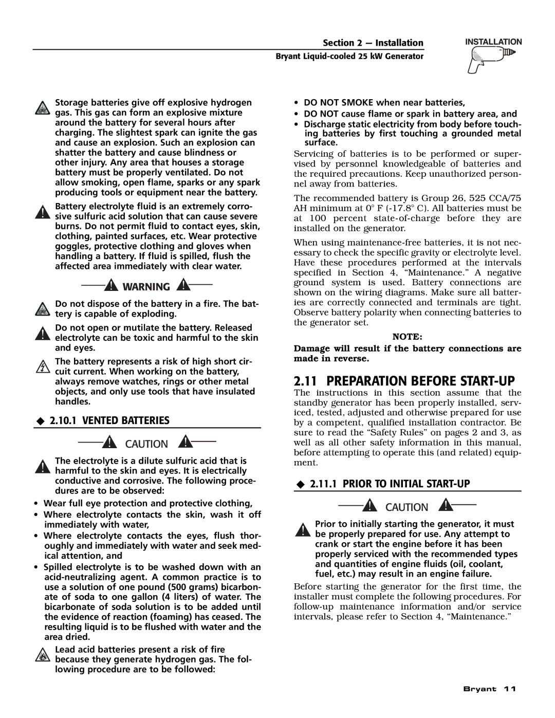 Bryant ASPAS1BBL025 owner manual Preparation Before START-UP, ‹ 2.10.1 Vented Batteries, ‹ 2.11.1 Prior to Initial START-UP 