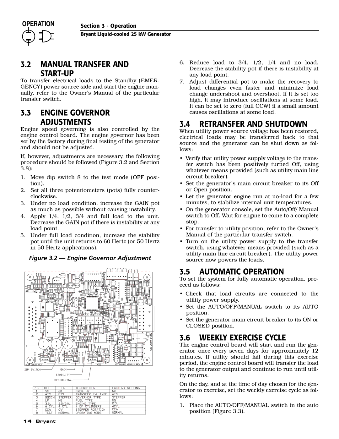 Bryant ASPAS1BBL025 Manual Transfer START-UP Engine Governor Adjustments, Retransfer and Shutdown, Automatic Operation 