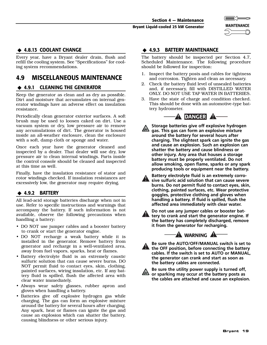 Bryant ASPAS1BBL025 Miscellaneous Maintenance, ‹ 4.8.13 Coolant Change ‹ 4.9.3 Battery Maintenance, ‹ 4.9.2 Battery 